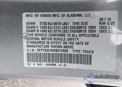 2019 Honda Ridgeline Rtl-T из США, поврежденный, VIN 5FPYK3F68KB014959